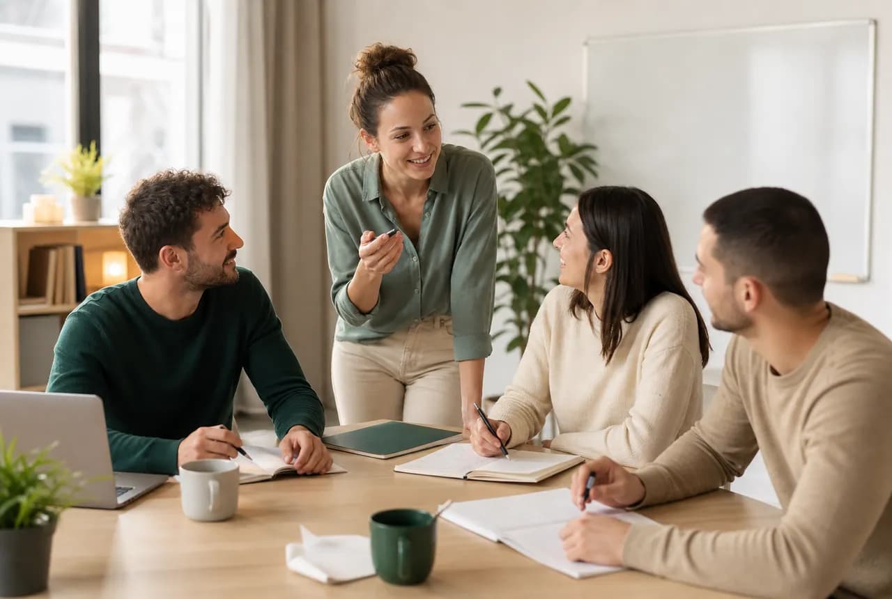 Modern bir sınıfta yetişkinlerin Almanca grup dersine katılımı